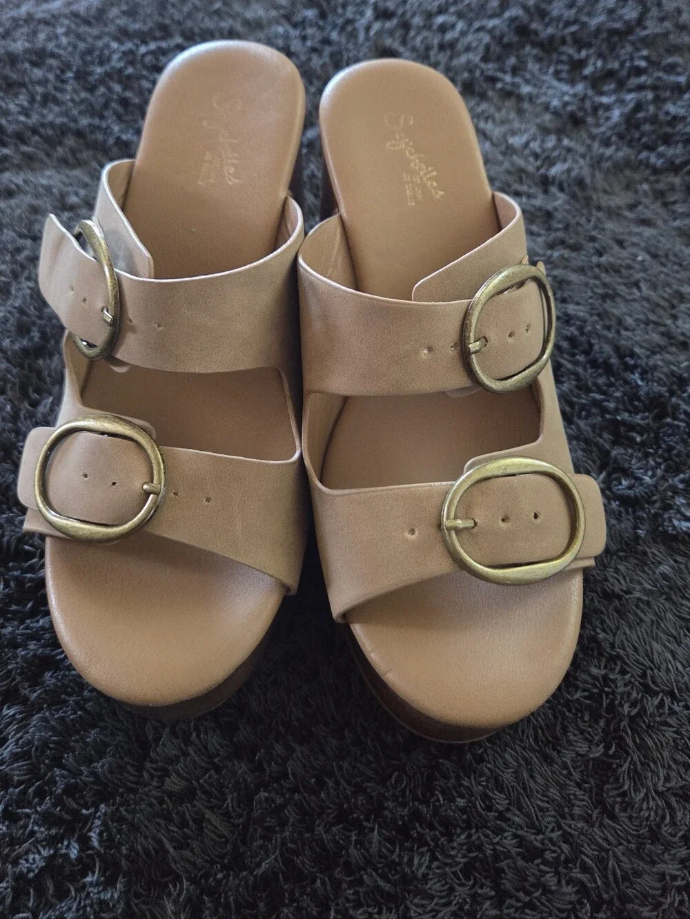 Seychelles Tan Double Buckle Stud Platform Wedge Sandals Size 8 Boho Western